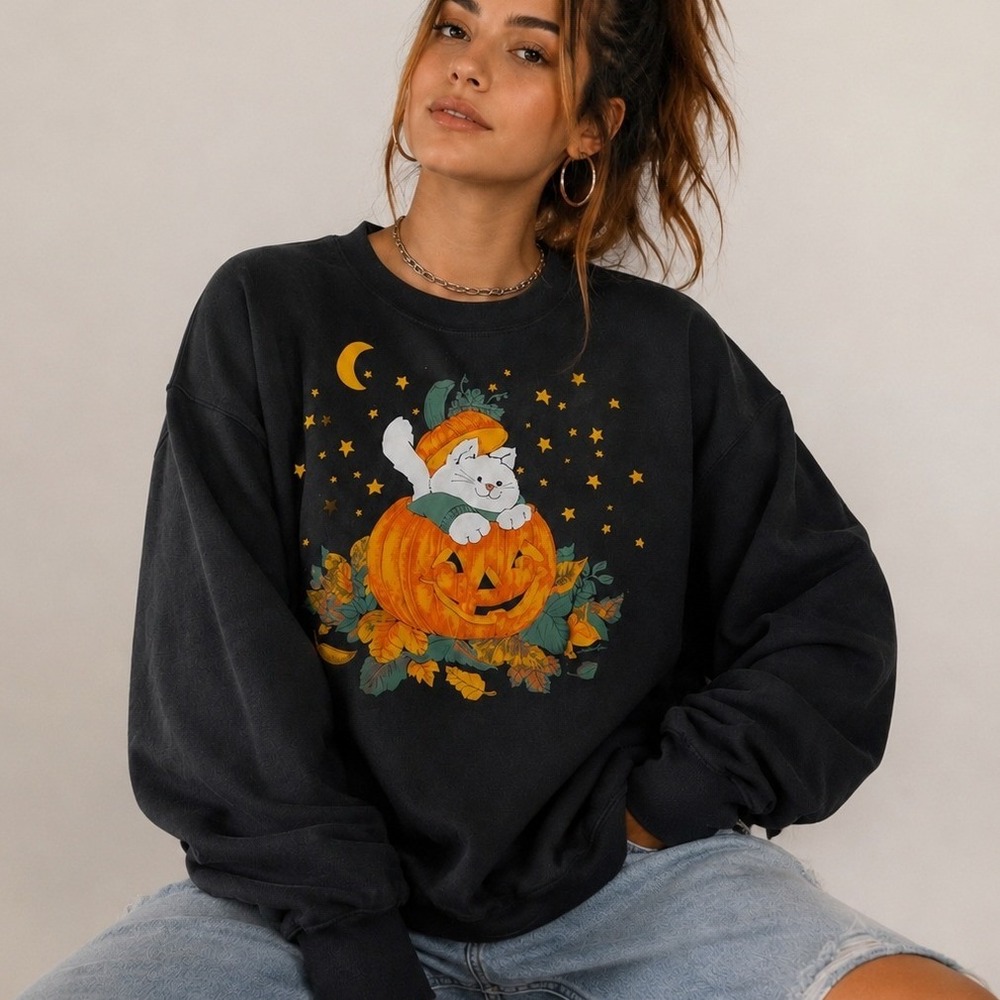 Vintage 90s Large Sweatshirt Pumpkin Cat Graphic Black Halloween USA Made Tultex